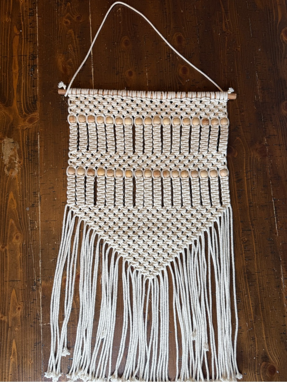 Boho Macrame Wall Hanging Cream Cotton Cord with Wood Beads Long Fringe Woven